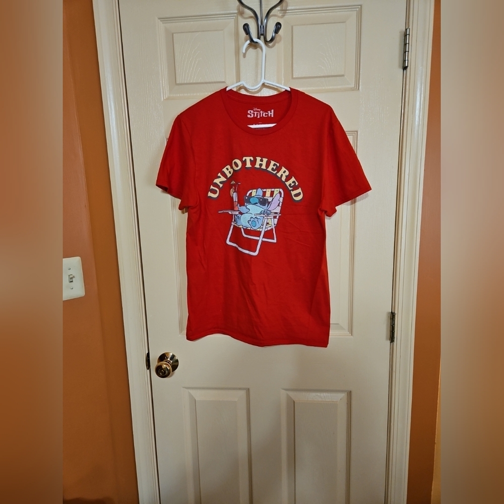 Mens Red Disney Stitch Unbothered Graphic Crewneck Short Sleeve T Shirt Size M